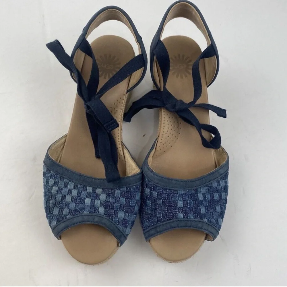 UGG Delmar Woven Patchwork Denim Leather Wedge Ankle Tie Sandals NWOT 8.5*Spots*